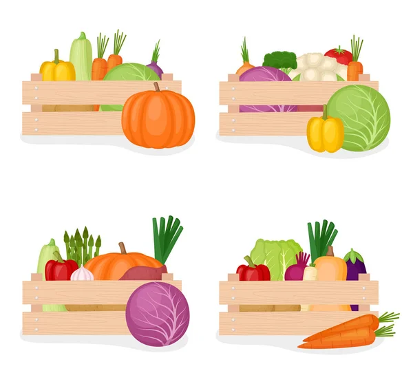 Conjunto Cajas Madera Con Verduras Frescas Granja Ilustración Vectorial — Vector de stock