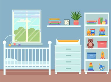 Bebek odasının içi. Erkek bebek için oda, vektör çizimi