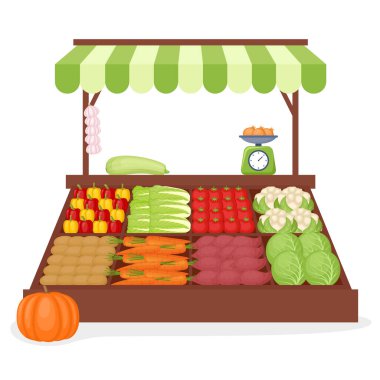 Local farm market stall with vegetables. Store with organic vegetables, vector illustration