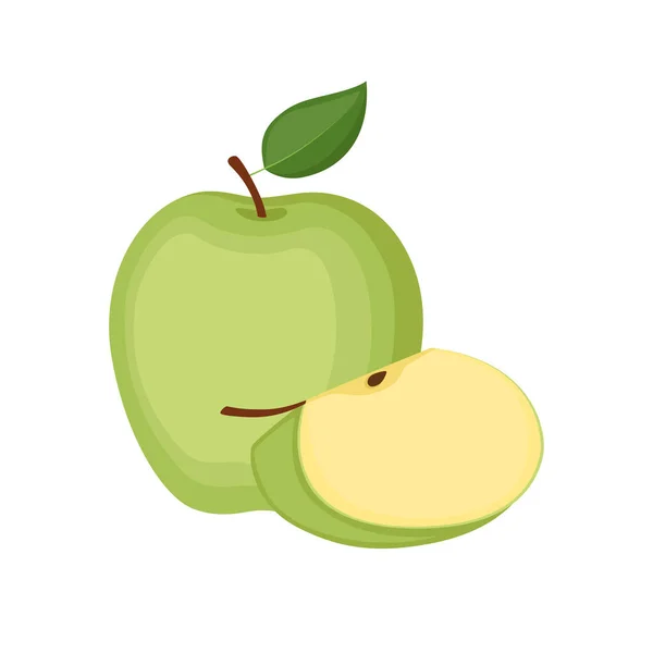 Grüner Apfel Ganze Früchte Und Scheiben Vektorillustration — Stockvektor