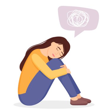 Kafası karışık depresyondaki üzgün kadın. Genç mutsuz kız oturuyor ve dizlerine sarılıyor. Depresyon kavramı. Vektör illüstrasyonu