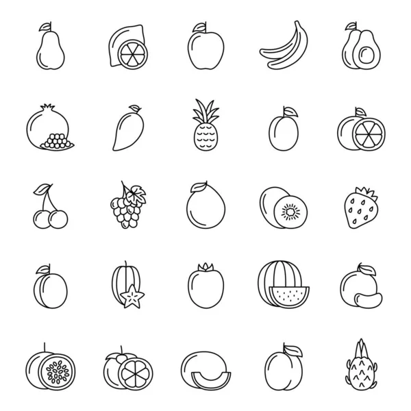 Conjunto Iconos Línea Frutas Bayas Sobre Fondo Blanco Ilustración Vectorial — Archivo Imágenes Vectoriales