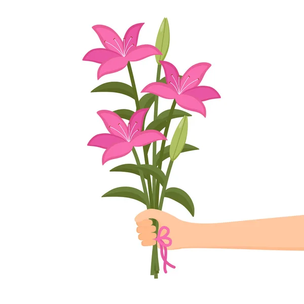 Ręka Trzyma Piękny Bukiet Kwiatów Bukiet Lilii Ilustracja Wektora — Wektor stockowy