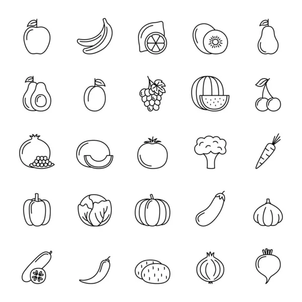 Sada Řádkových Ikon Zeleniny Ovoce Bobulí Bílém Pozadí Vektorová Ilustrace — Stockový vektor