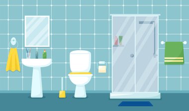Duş kabini, lavabo, ayna ve tuvalet, vektör illüstrasyonlu modern banyo
