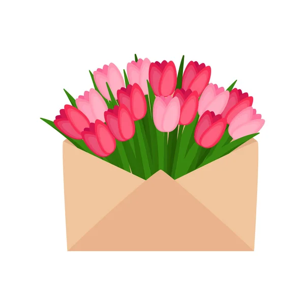 Bouquet Tulipes Printanières Dans Une Enveloppe Journée Internationale Femme Bonne — Image vectorielle