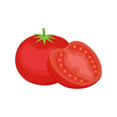 Taze çiftlik domatesleri. Tam sebze ve yarım. Vektör illüstrasyonu