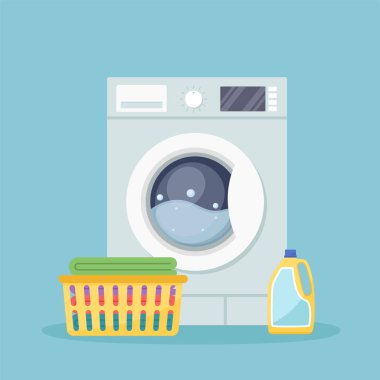 Çamaşır makineli çamaşır odası, deterjan ve temiz çarşaflı plastik sepet. Vektör illüstrasyonu