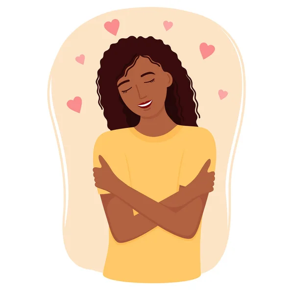 Mujer Abrazándose Ama Mismo Cuidar Mismo Concepto Amor Propio Ilustración — Vector de stock