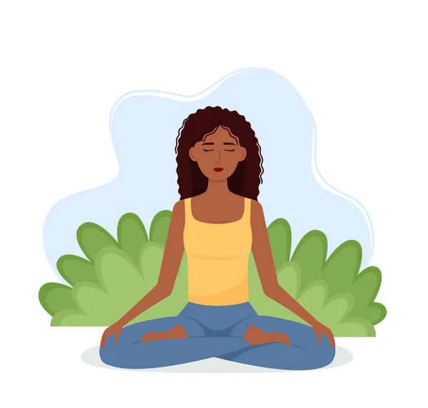 Meditating Woman Meditation Concept Girl Lotus Position Practicing Yoga Vector — Stock Vector