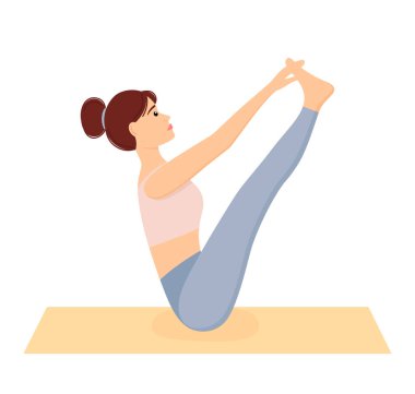 Tekne pozu veren kadın. Kız minderde spor yapıyor ve yoga egzersizleri yapıyor. Egzersiz, vektör illüstrasyonu