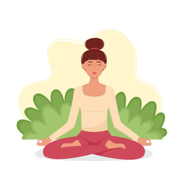 Mujer Meditante Concepto Meditación Chica Posición Loto Practicando Yoga Ilustración — Vector de stock