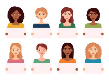 Boş pankartlar tutan kadınlar. Boş afişler sergileyen güzel kızlar. Gösteri ve protesto konsepti. Vektör illüstrasyonu