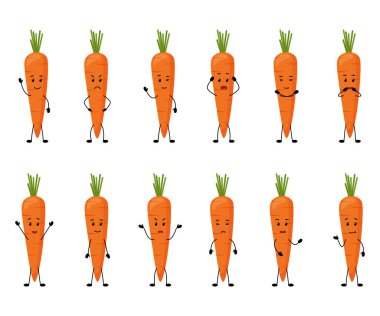 Havuç. Farklı duyguları olan sevimli sebze karakterleri, vektör çizimi