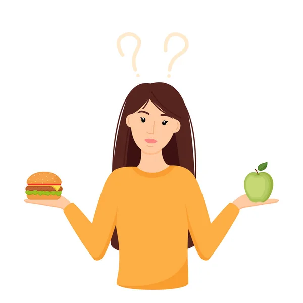 妇女在健康食品和不健康食品之间做出选择 苹果和汉堡包之间的选择 概念矢量说明 — 图库矢量图片