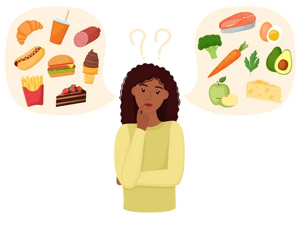 Mulher Escolhendo Entre Alimentos Saudáveis Não Saudáveis Fastfood Menu Equilibrado — Vetor de Stock