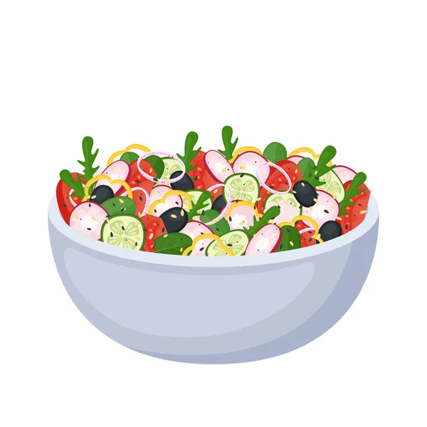 Salada Caseira Legumes Frescos Verdes Azeitonas Comida Saudável Vegan Refeição — Vetor de Stock