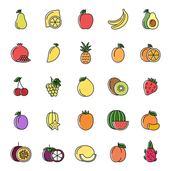 白い背景に果物や果実の色のラインアイコンのセット ベクトルイラスト — ストックベクタ