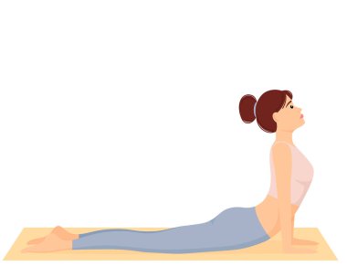 Kobra pozu veren bir kadın. Paspasın üzerinde pilates, spor ve yoga yapan bir kız. Sağlıklı bir yaşam tarzı. Egzersiz, vektör illüstrasyonu
