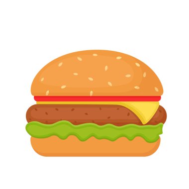 Beyaz arka planda izole edilmiş lezzetli iştah açıcı burger, vektör illüstrasyonu