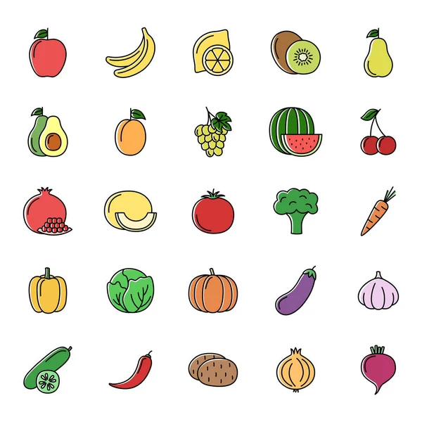Set Von Farblinien Symbolen Von Gemüse Obst Und Beeren Auf — Stockvektor