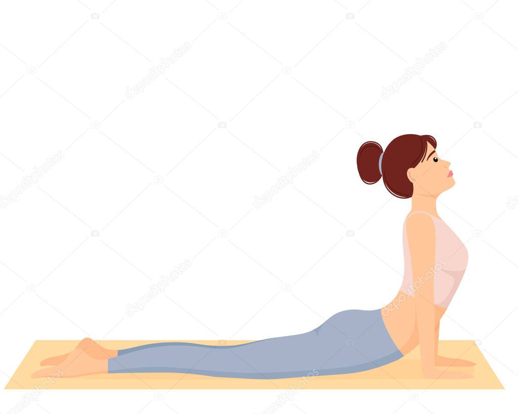 Woman standing in cobra pose. Girl doing pilates, fitness and yoga exercises on mat. Healthy lifestyle. Workout, vector illustration