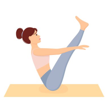 Tekne pozu veren kadın. Kız minderde spor yapıyor ve yoga egzersizleri yapıyor. Egzersiz, vektör illüstrasyonu