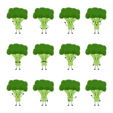 Brokoli. Farklı duyguları olan sevimli sebze karakterleri, vektör çizimi