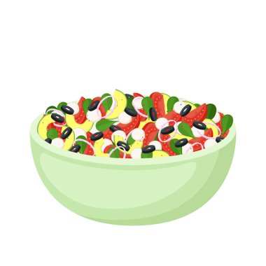 Taze sebzeler, yeşiller, avokado, mozzarella ve zeytinlerden ev yapımı salata. Sağlıklı yiyecekler. Vejetaryen yemeği. Vektör illüstrasyonu