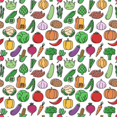 Renkli sebze ikonları ve vektör illüstrasyonlu kusursuz bir örnek.