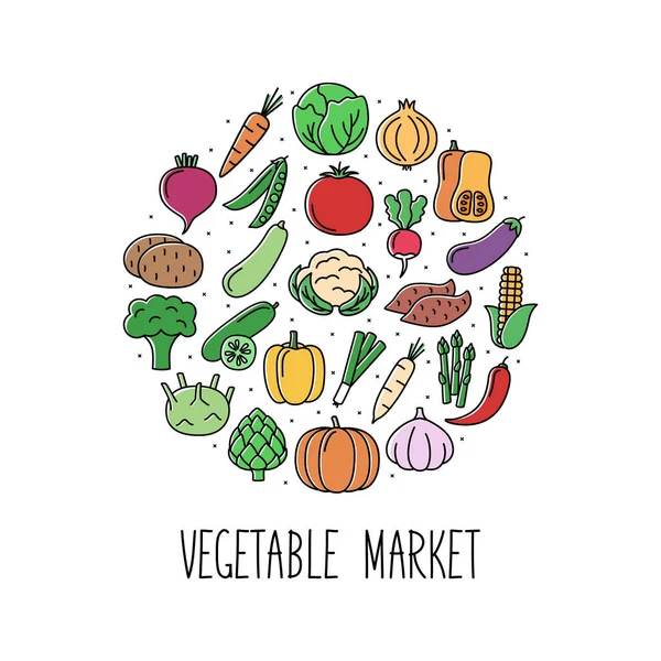 Круглый Баннер Цветными Иконками Овощей Дизайн Рынка Магазина Векторная Иллюстрация — стоковый вектор