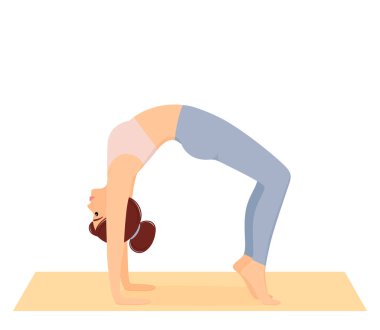 Köprü pozisyonunda duran kadın. Paspasın üzerinde pilates, spor ve yoga yapan bir kız. Sağlıklı bir yaşam tarzı. Egzersiz, vektör illüstrasyonu
