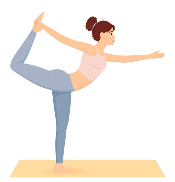 Mujer Pie Natarajasana Pose Chica Haciendo Pilates Ejercicios Fitness Yoga — Vector de stock