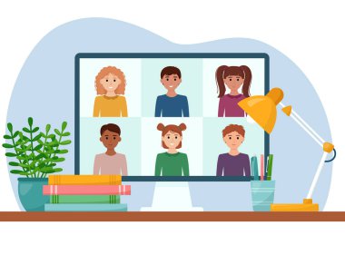 E-öğrenim online eğitim konsepti. Çevrimiçi sohbet. Evde çalış, vektör illüstrasyonu