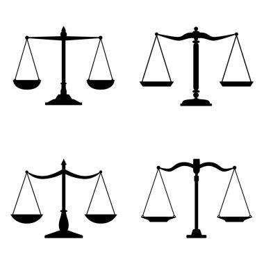 Beyaz arka plan, vektör illüstrasyonunda izole edilmiş adalet terazilerinin siyah siluetleri.