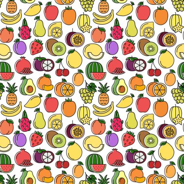 Renkli meyve ve böğürtlen simgeleriyle kusursuz desen, vektör illüstrasyonu