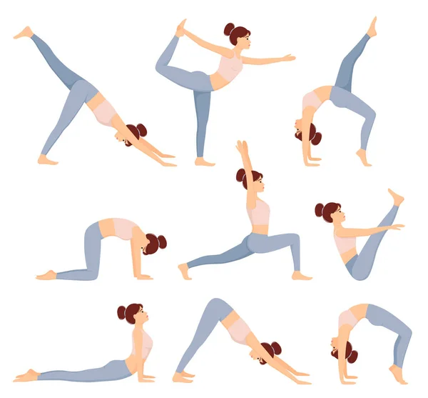 Set Yoga Postures Woman Doing Yoga Pilates Exercises Healthy Lifestyle — Vector de stock