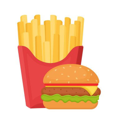 Lezzetli iştah açıcı burger ve patates kızartması. Beyaz arka planda izole edilmiş patates, vektör illüstrasyonu.  