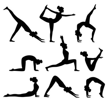 Yoga duruşu siluetleri. Yoga ve pilates yapan bir kadın. Sağlıklı bir yaşam tarzı. Egzersiz, vektör illüstrasyonu