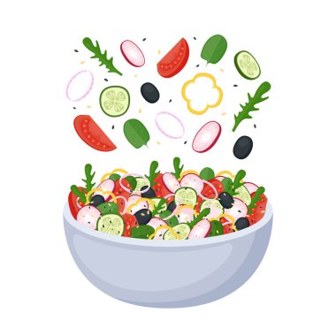 Taze sebzelerden, yeşilliklerden ve zeytinlerden ev yapımı salata. Sağlıklı yiyecekler. Vejetaryen ya da vejetaryen yemeği. Vektör illüstrasyonu