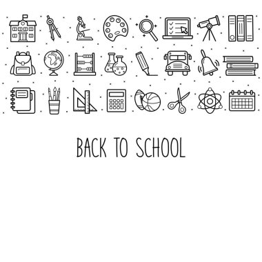 Okul simgeleriyle okul pankartımıza dönelim. Vektör illüstrasyonu