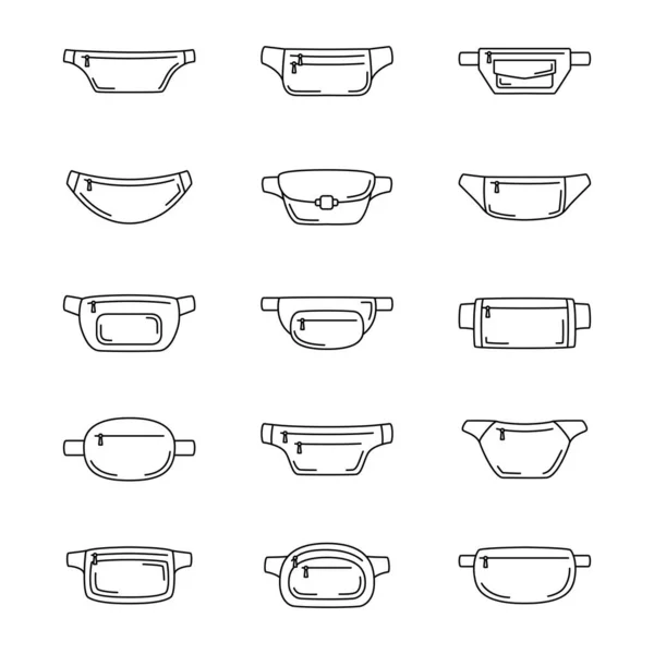 Set Waist Bag Icons Collection Outline Belt Bags Vector Illustration —  Vetores de Stock