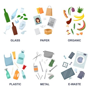 Cam, plastik, kağıt, organik, metal ve e-watz çöplü pankartlar, vektör illüstrasyonu