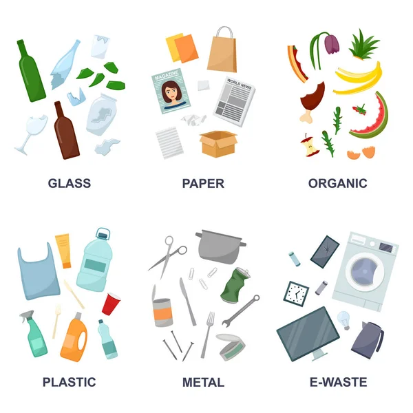 Cam, plastik, kağıt, organik, metal ve e-watz çöplü pankartlar, vektör illüstrasyonu