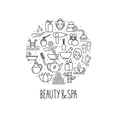 Kaplıca ve güzellik simgeleriyle dolambaçlı pankart. Vektör illüstrasyonu