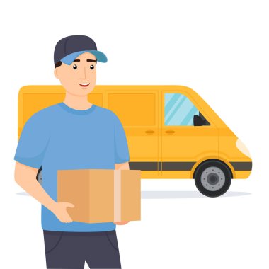 Arkasında teslimat kamyonu olan üniformalı bir teslimatçı. Teslimat servisi. Vektör illüstrasyonu