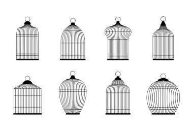 Kuş kafeslerinin siyah siluetleri, vektör illüstrasyonu