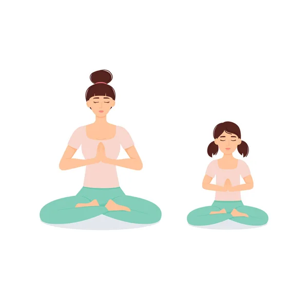 Madre Joven Con Hija Haciendo Ejercicio Yoga Posición Loto Concepto — Vector de stock