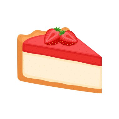 Bir parça çilekli cheesecake. Beyaz arkaplanda izole edilmiş çilekli turta, vektör illüstrasyonu