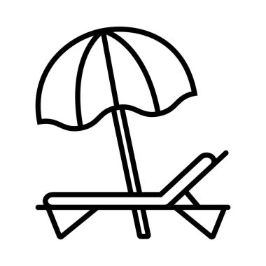 Plaj şemsiyesi ve beyaz arkaplanda güneş ışığı çizgisi simgesi, vektör illüstrasyonu